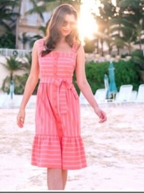 Gal Meets Glam Ariel Pink Stripe Ruffle Dress XS
